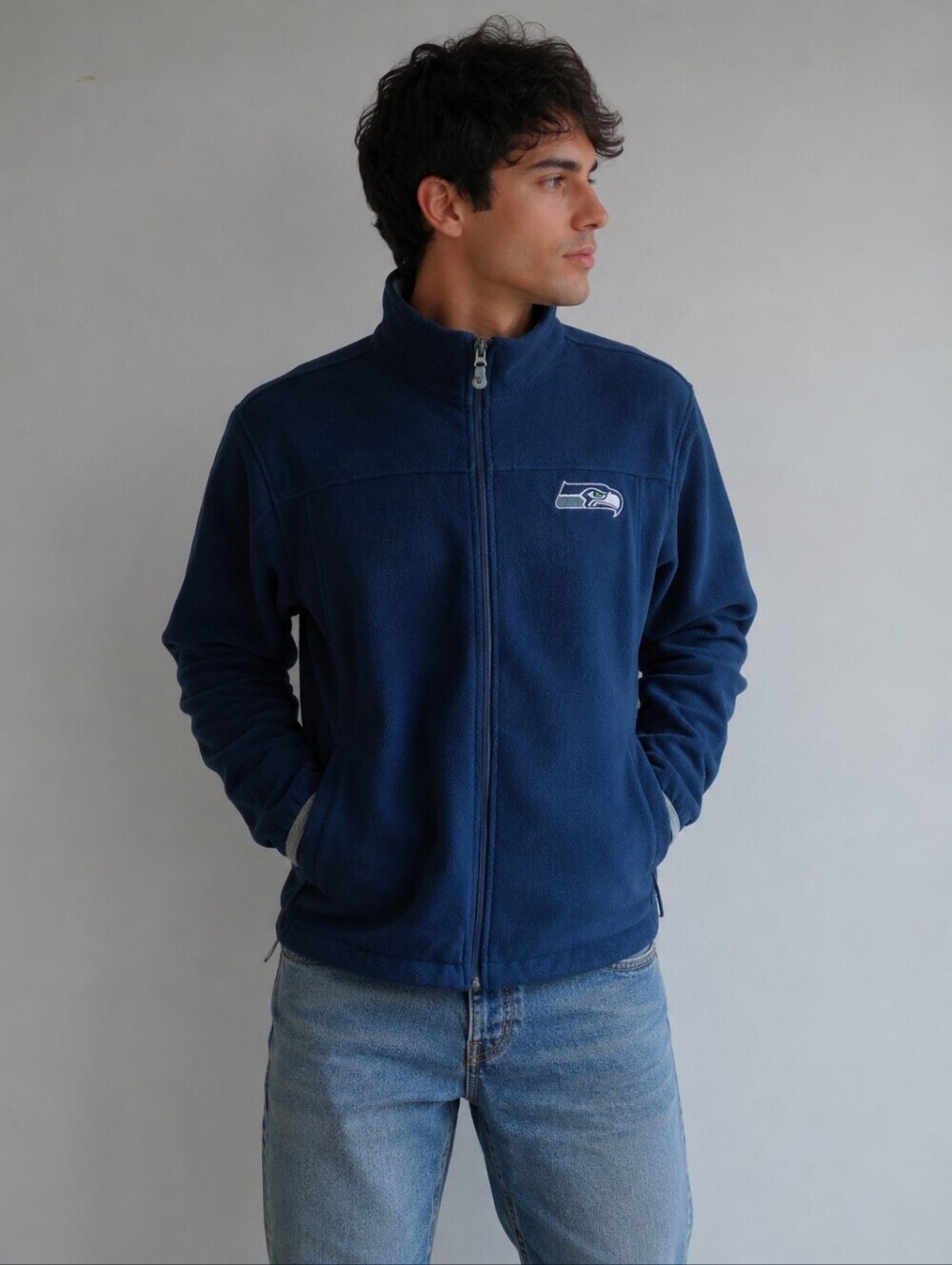 NFL Seattle Seahawks Full Zip Fleece Jacket Blue Cinch Hem Medium